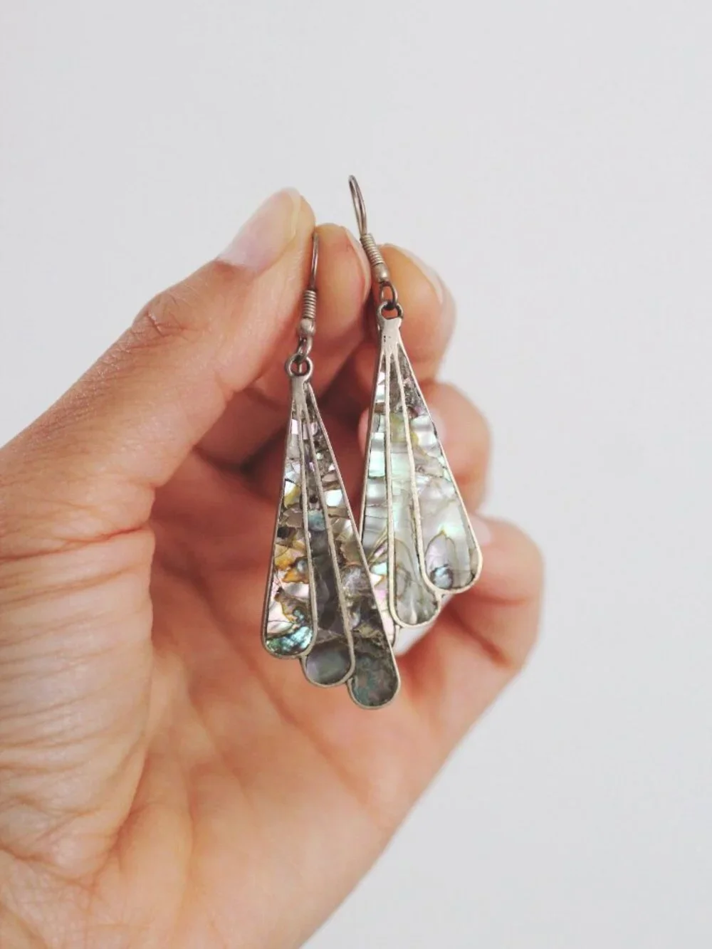 Vintage Alpaca Silver Abalone Shell Dangle Earrings Mexico Art Deco Fairy Wing F